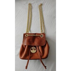 Valentina Italy Brown Leather Crossbody Backpack Bag Gold Chain Strap